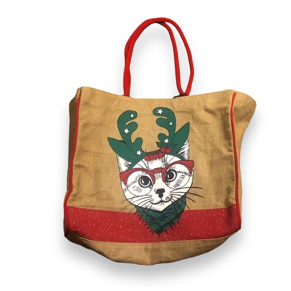 Mona B. Kitty Cat Holiday Christmas Jute Burlap Tote Bag - Picture 1 of 5